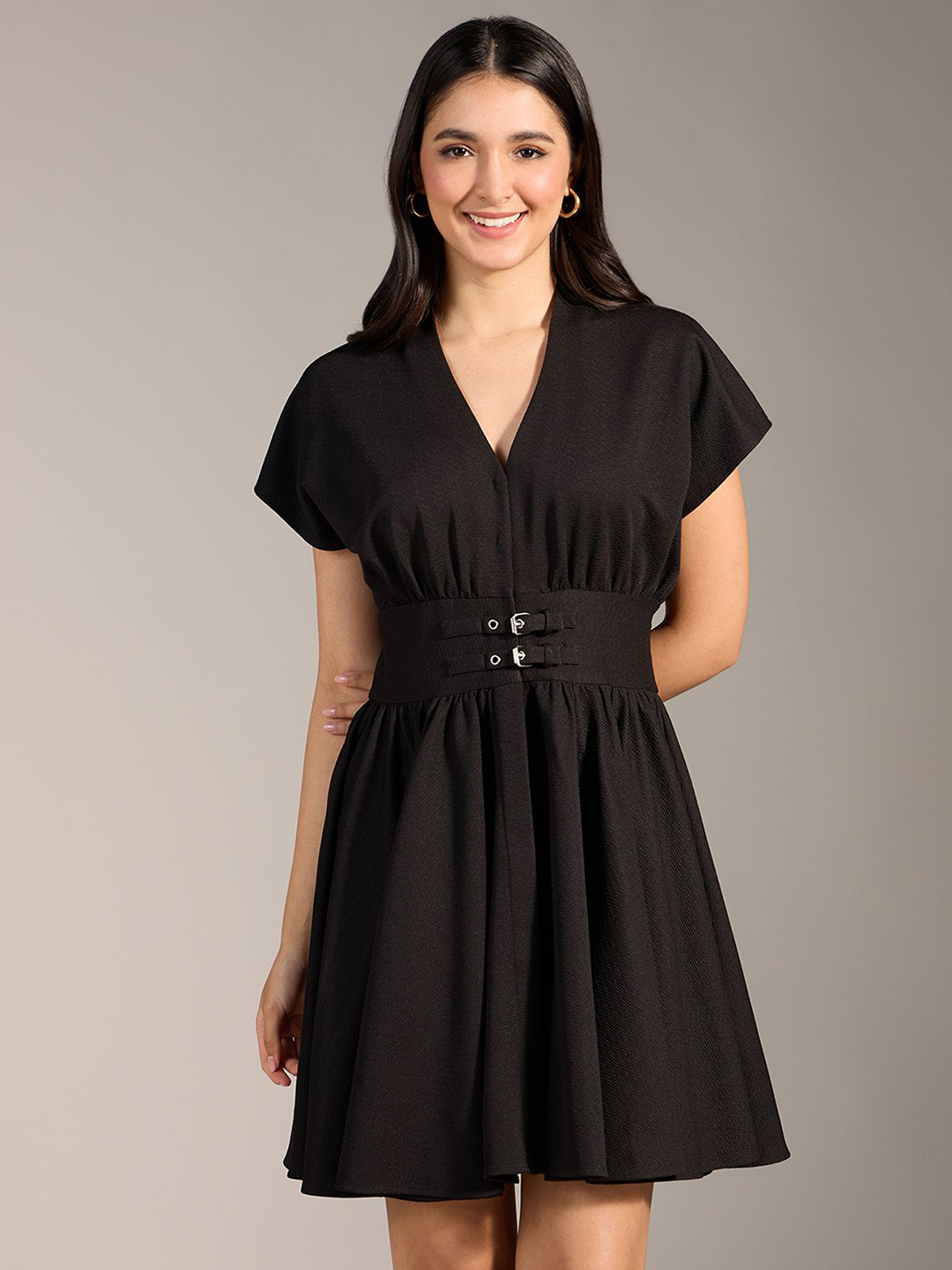 20Dresses Women's Fit & Flare Solid V Neck Short Sleeves Skater Mini Dress