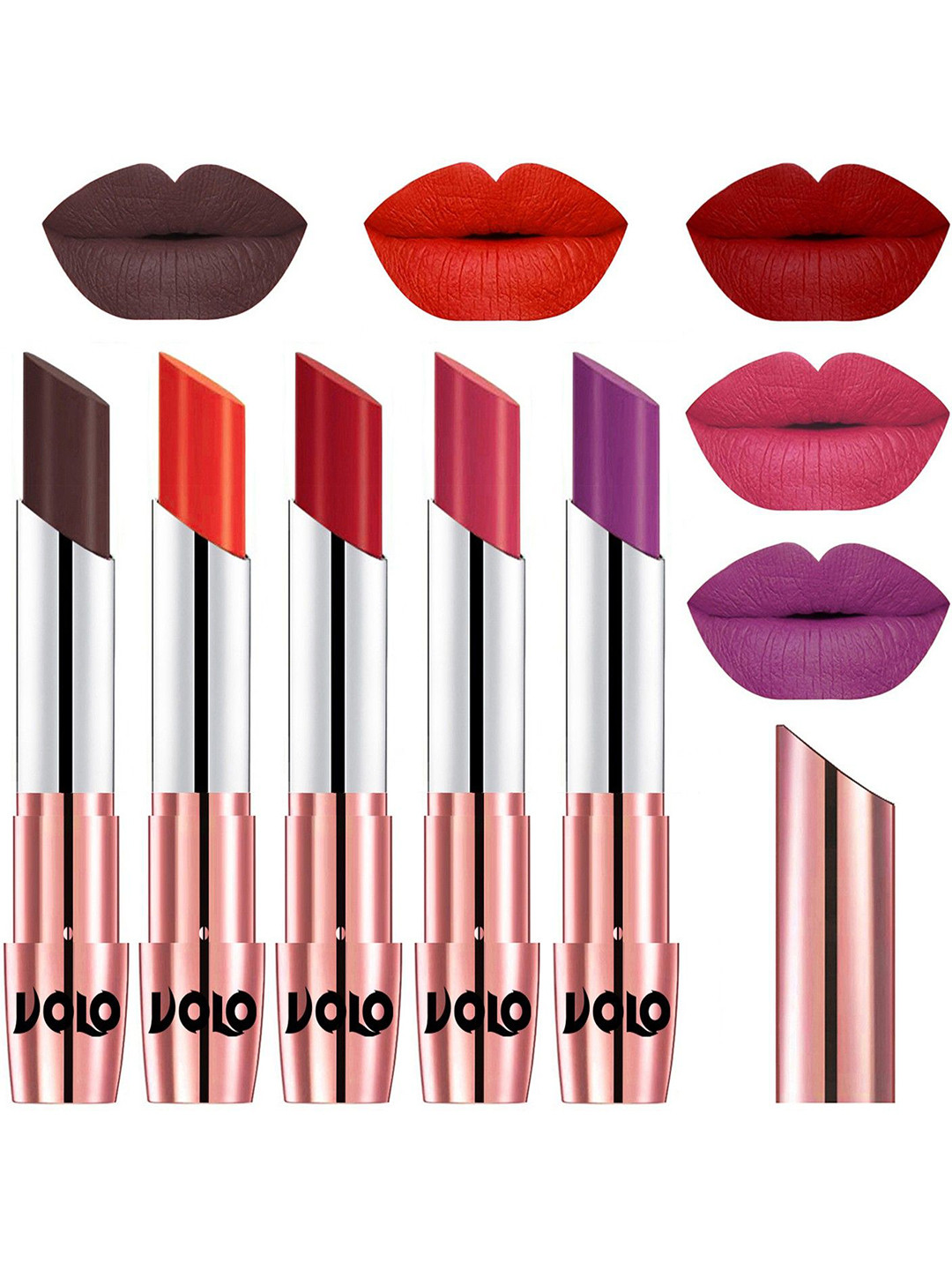 VOLO Set Of 5 Creme Matte Lipstick-Chocolate 35-Coral 39-Tomato Red 40-Pink 41-Purple 48