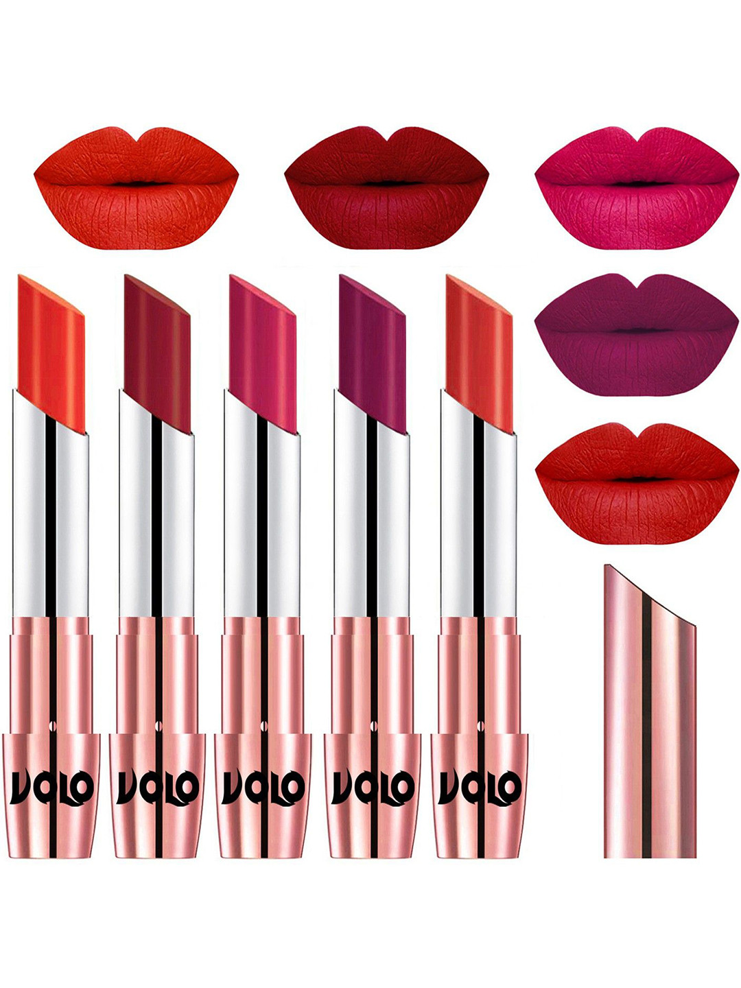 VOLO Set Of 5 Creme Matte Lipstick-Coral 39-Red 43-Passion Pink 44-Magenta 45-Orange 49
