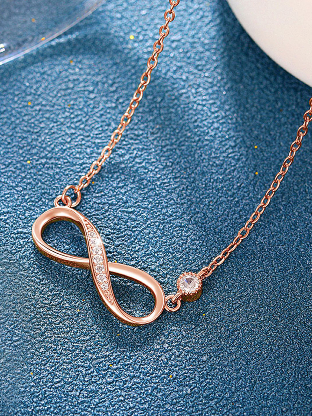 Peora Rose Gold-Plated Cubic Zirconia Studded Infinity Design Pendant Chain Necklace