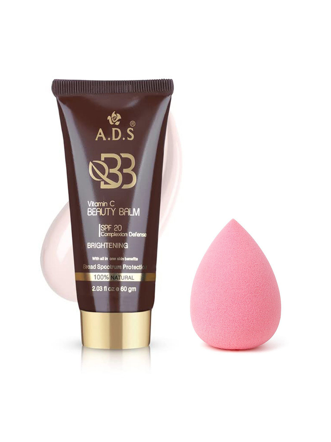 A.D.S SPF-20 Vitamin C Beauty Balm Foundation & Sponge Beauty Blender Puff, 60gm Shade-01