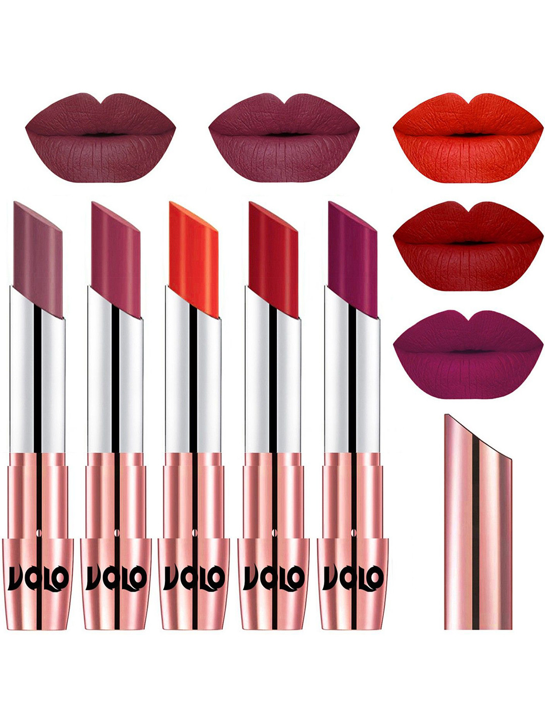 VOLO Set Of 5 Creme Matte Lipstick-3.5g Each-Plum-Rose Pink-Coral-Tomato Red-Magenta