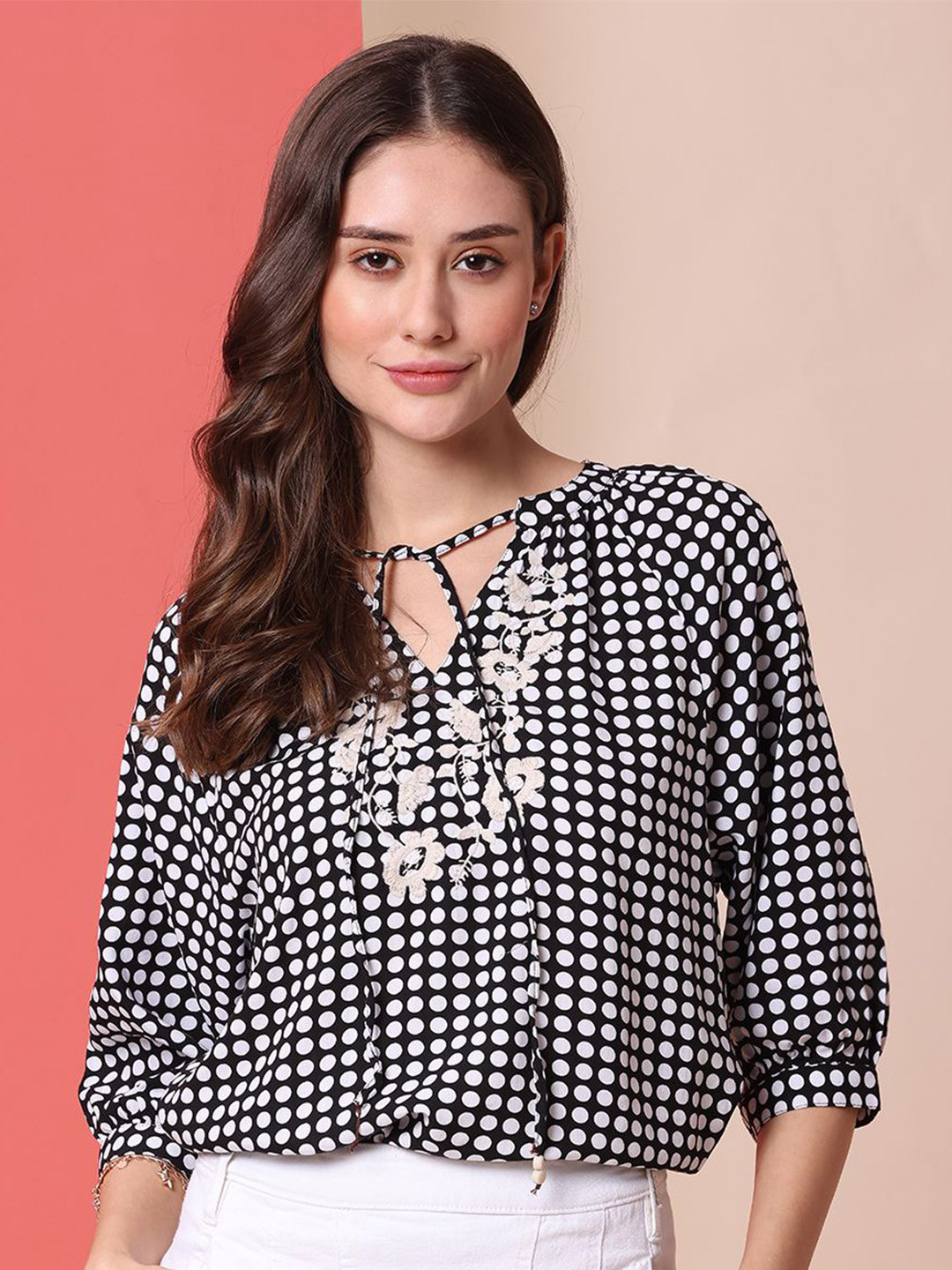 Chemistry Women Tic Tac Dot Printed Tie Up Neck Top