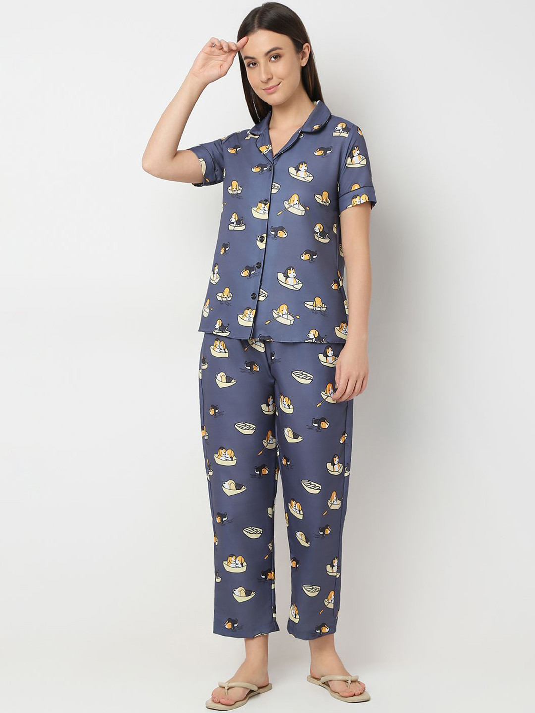 Smarty Pants Women Graphic Printed Lapel Collar Night suit