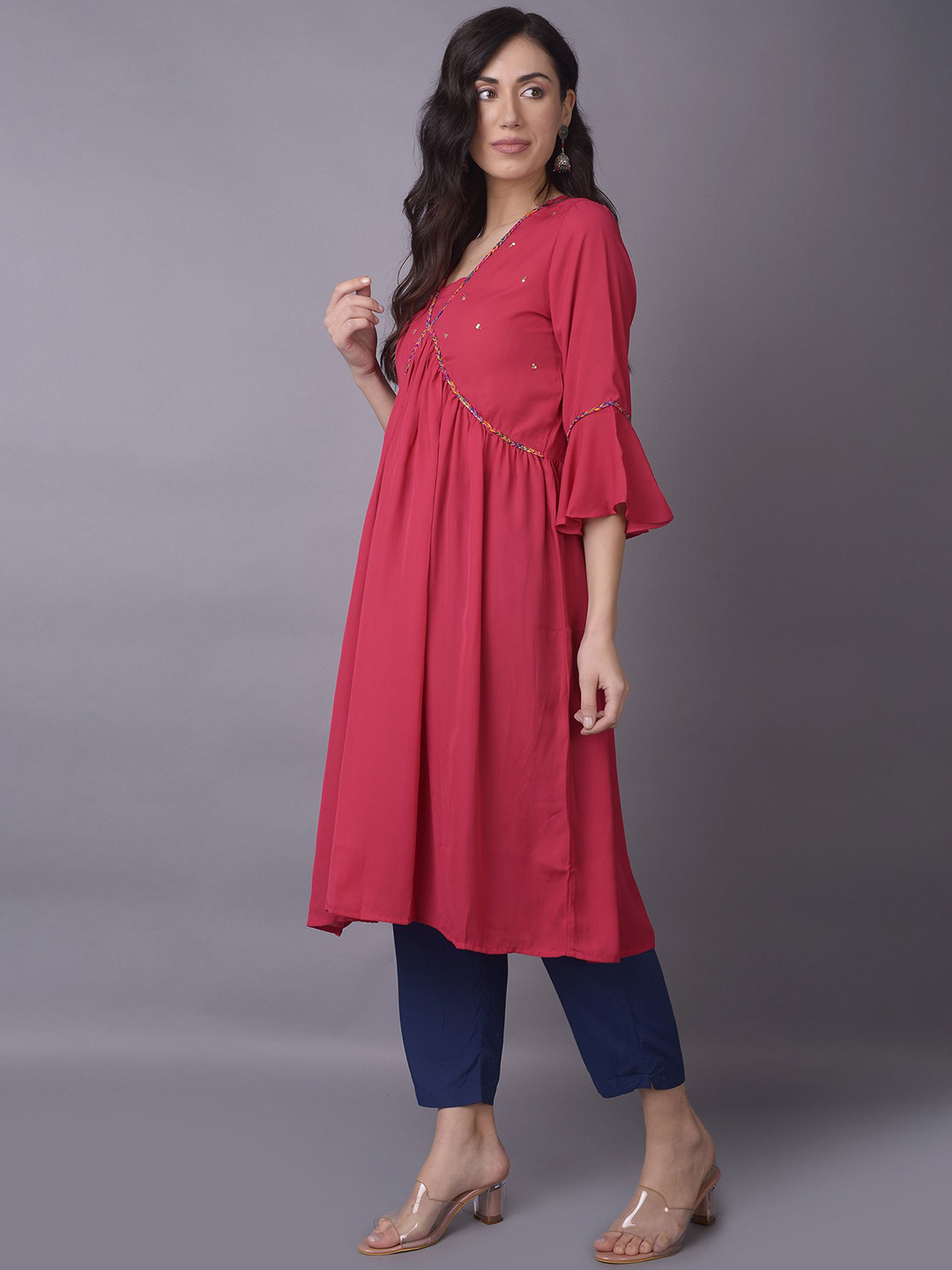 Shree V Neck Thread Work Flared Sleeves Crepe A Line Kurta
