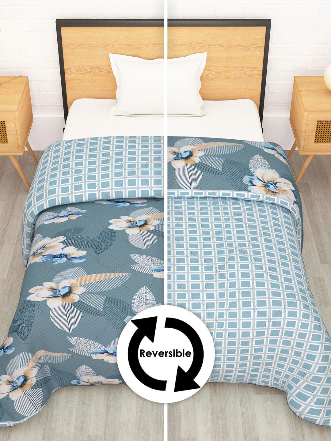 Story@home Grey & Blue Printed Reversible 120 GSM AC Room Single Bed Comforter