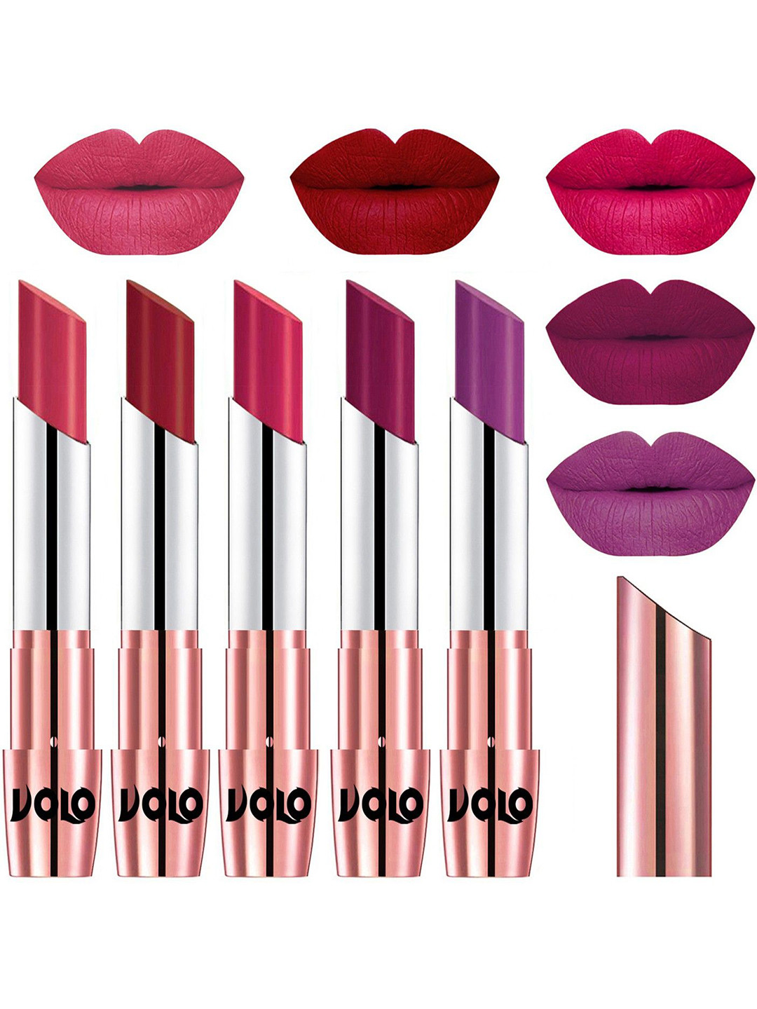 VOLO Set Of 5 Creme Matte Lipsticks -Pink 41-Red 43-Passion Pink 44-Magenta 45-Purple 48