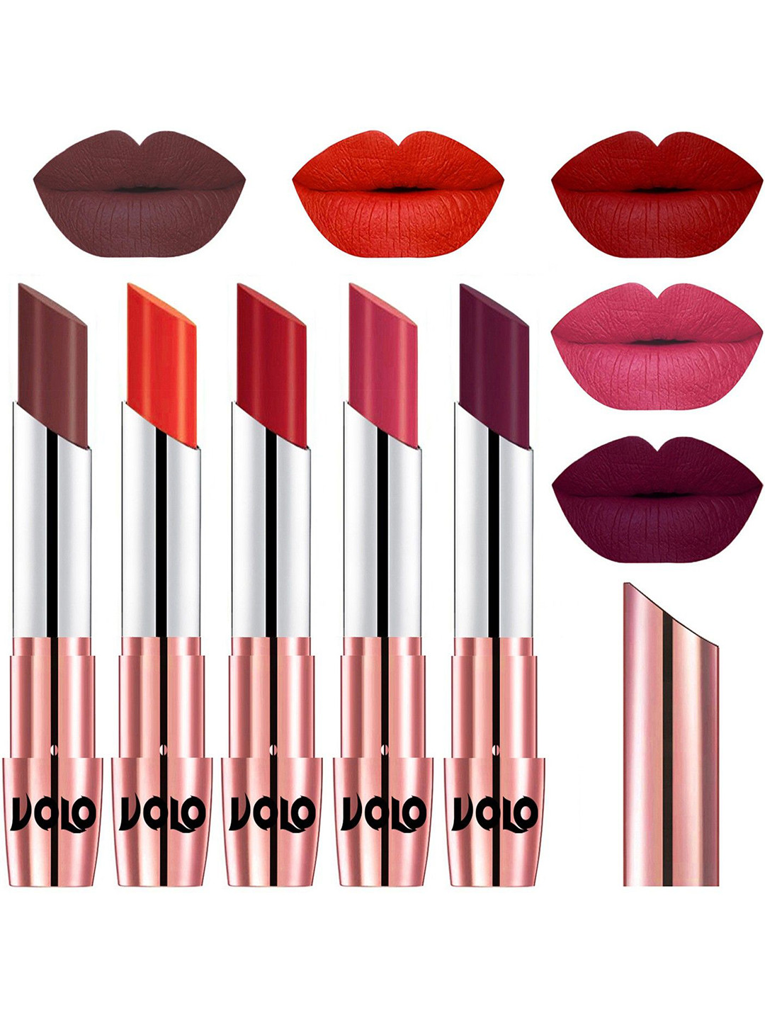 VOLO Set Of 5 Creme Matte Lipstick 3.5g Each -Coffee34- Coral39- TomatoRed40-Pink41-Wine47