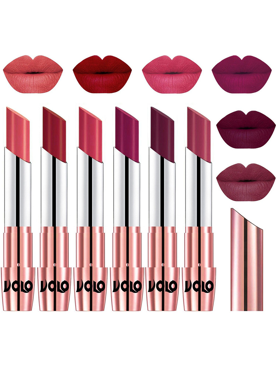 VOLO Set Of 6 Creme Matte Lipstick -Dark Peach 01-Red 03-Pink 04-Magenta- Wine-Rose Pink