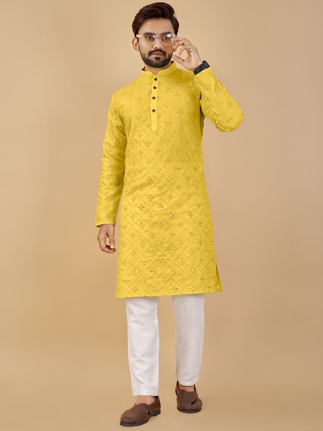 CHARLOTTE GRACIOUS Embroidered Mandarin Collar Mirror Work Cotton Straight Kurta
