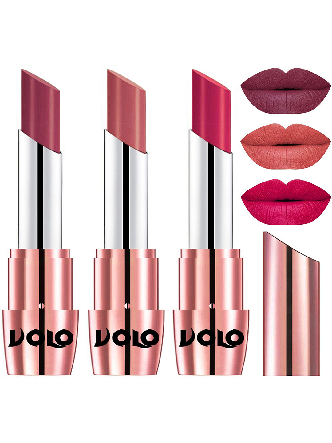 VOLO Set Of 3 Creamy Matte Lipstick- 3.5g- Cherry-Light Peach-Passion Pink-631-632-644