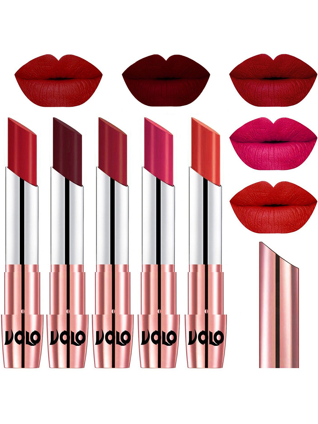 VOLO Set Of 5 Creme Matte Lipstick-Tomato Red 40-Maroon 42-Red 43-Passion Pink 44-Orange49