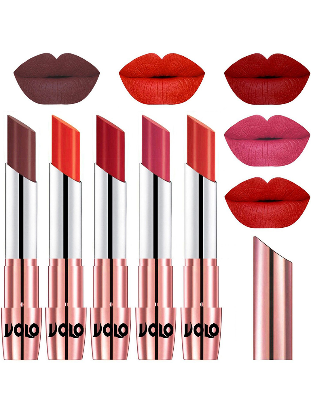VOLO Set Of 5 Creme Matte Lipstick-3.5g Each -Coffee- Coral-Tomato Red- Pink- Orange