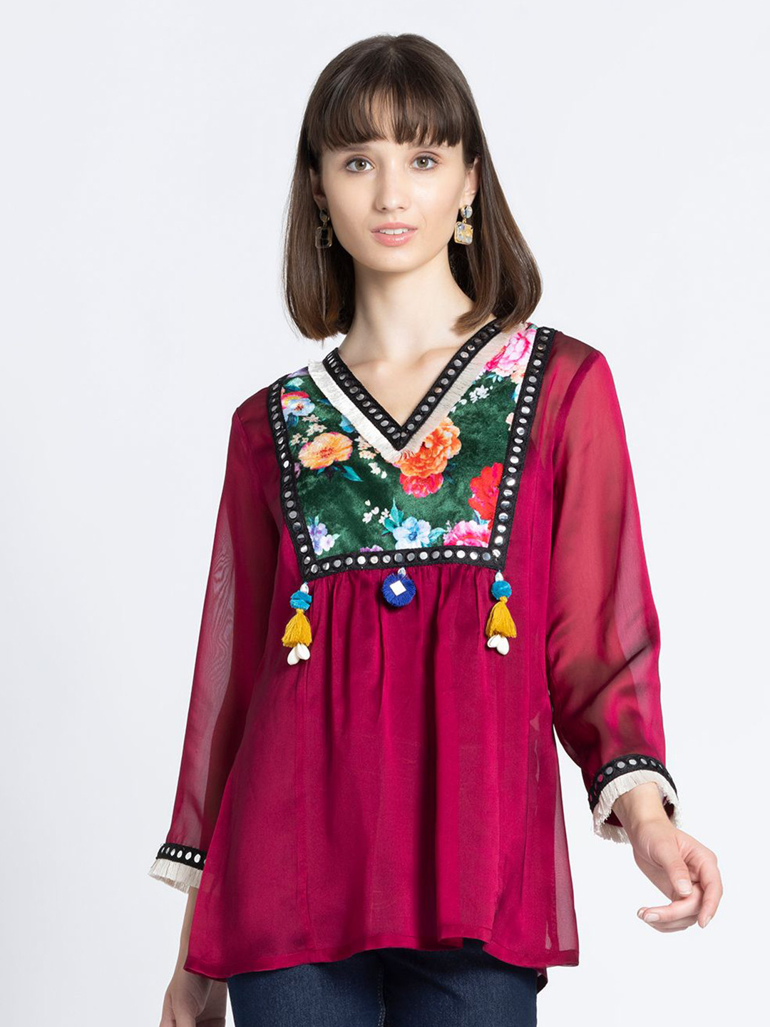 SHAYE Floral Printed V-Neck Mirror Work Tasseled Three-Quarter Sleeves Ethnic Top