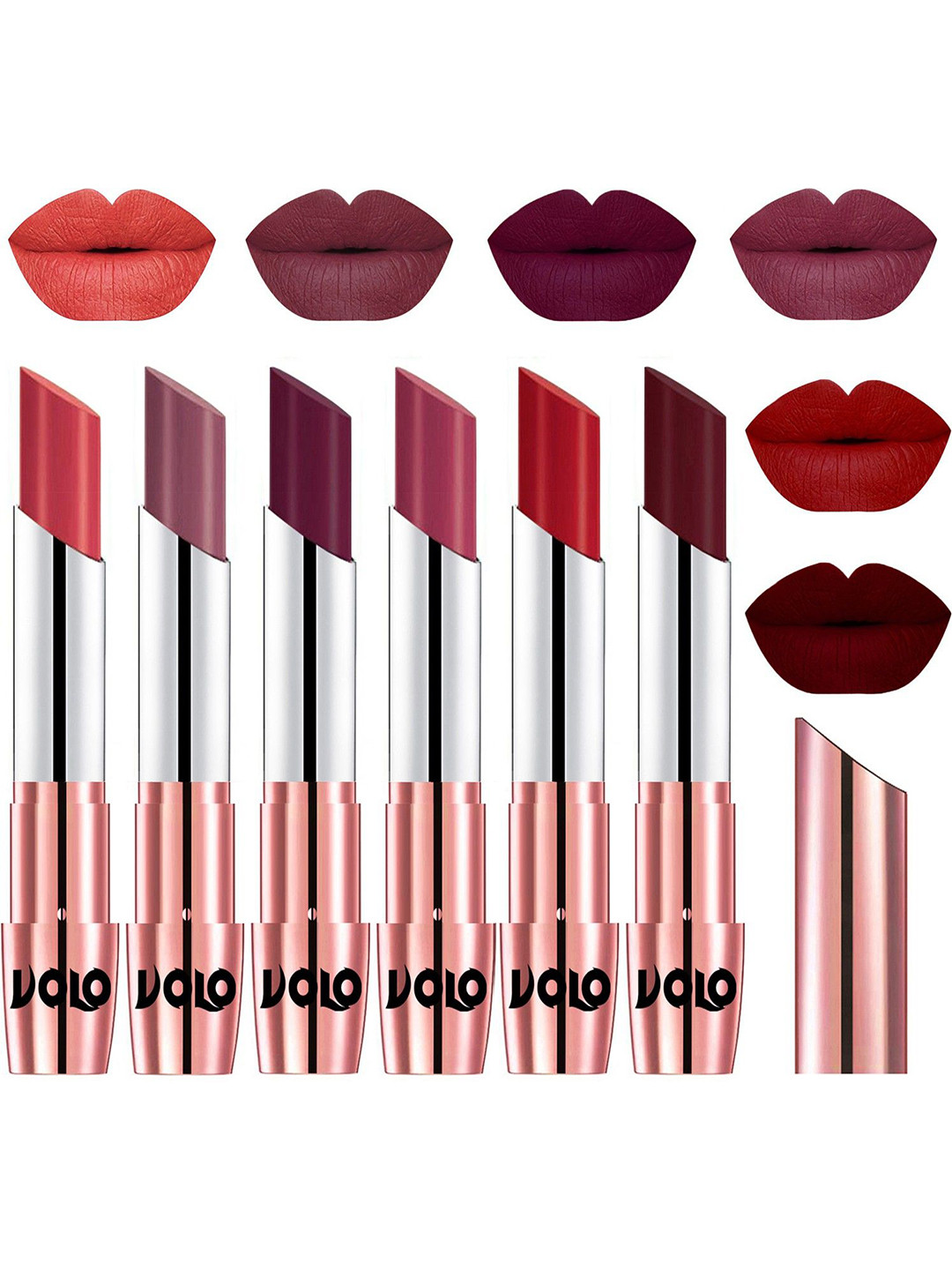 VOLO Set Of 6 Creme Matte Lipstick- Peach-Plum-Wine-Rose Pink-Tomato Red-Maroon