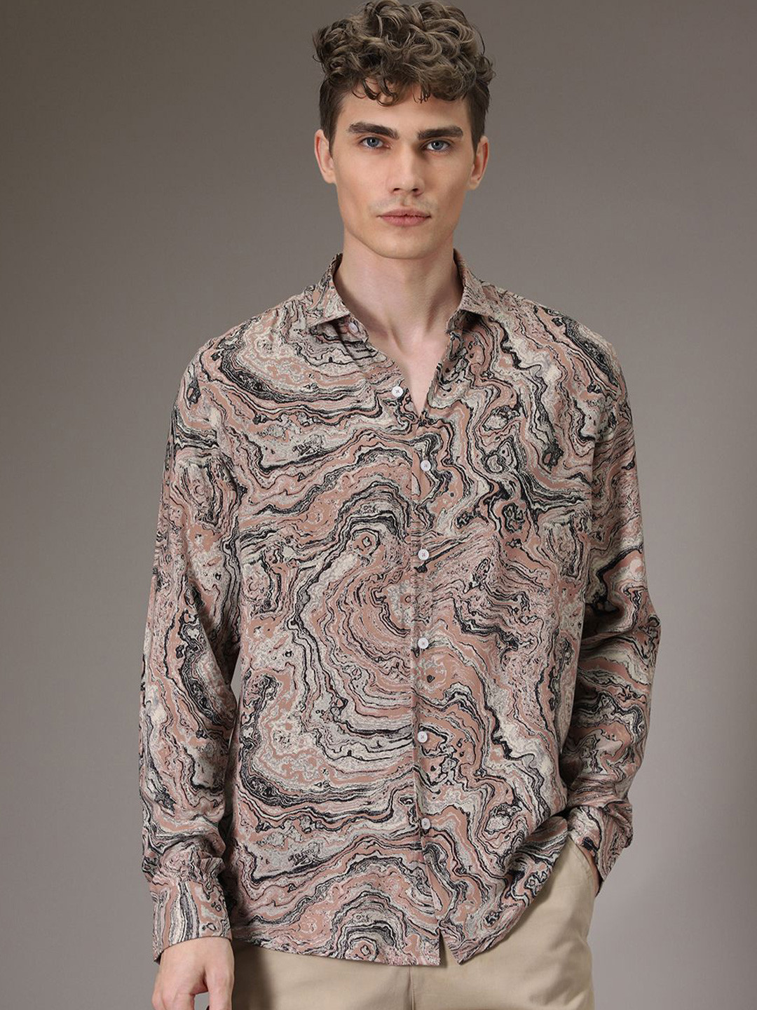 Banana Club Marble Wash Abstract Viscose Rayon Long Sleeves Shirt
