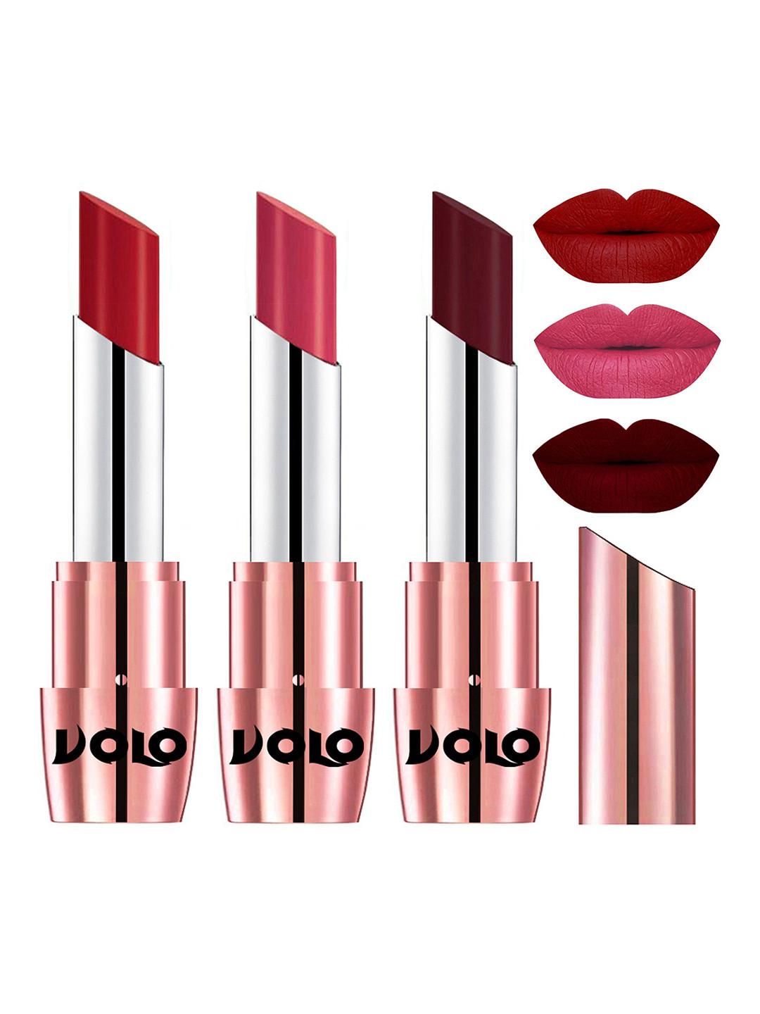 VOLO Set Of 3 Creme Matte Lipstick-3.5 g Each-640-Tomato Red 642-Maroon 641-Pink