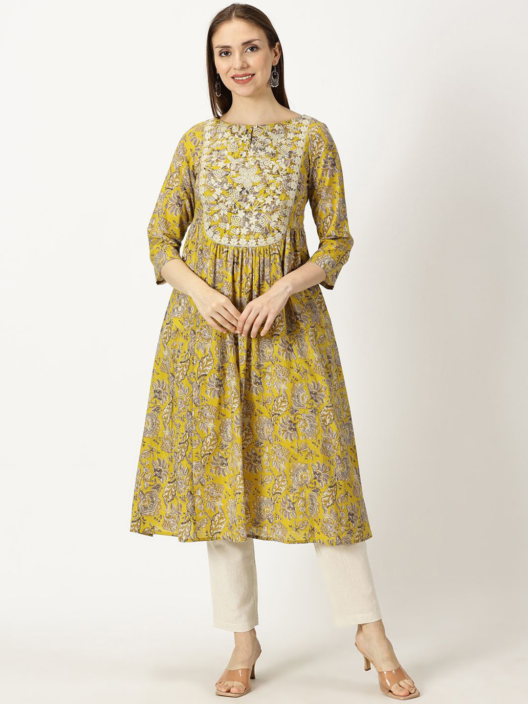 Saffron Threads Floral Embroidered Keyhole Neck Floral Ethnic Dresses