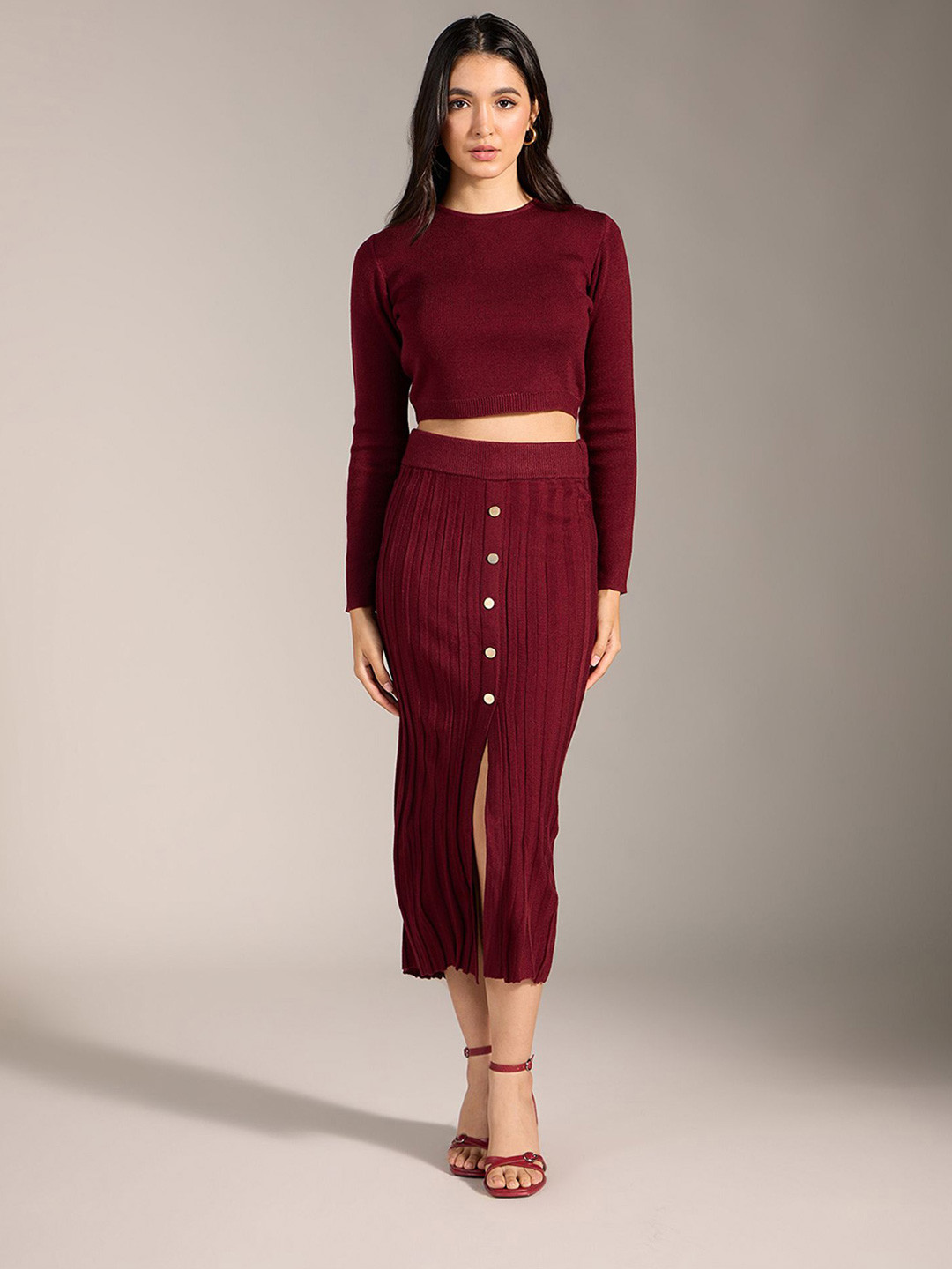 20Dresses Maroon Self Design Round Neck Top With Skirt