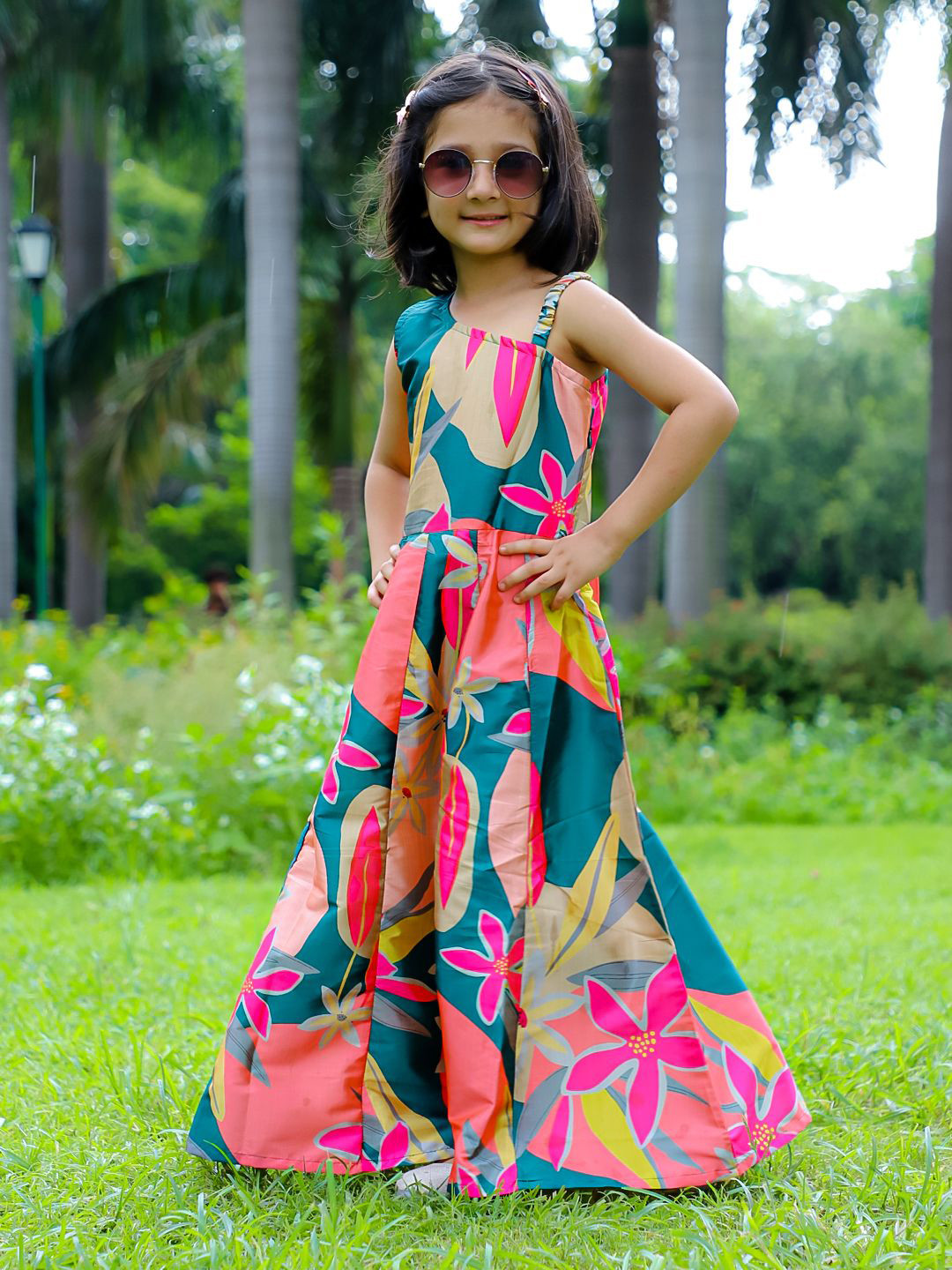 Stuffie Land Kids-Girls Floral Print Asymmetric Neck Fit & Flare Dress