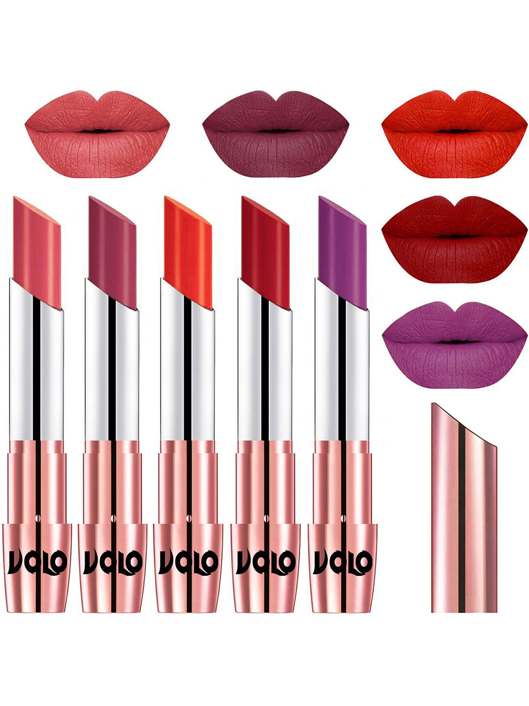 VOLO 5Pc Creme Matte Lipsticks -Dark Peach 37-Rose Pink 38-Coral 39-Tomato Red 40-Purple48