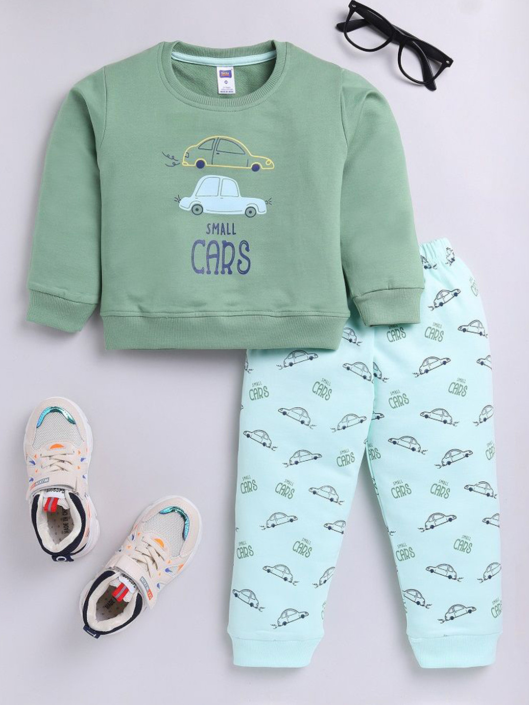 Nottie Planet Boys Loopknit Car Printed Round Neck Sweatshirt With Joggers