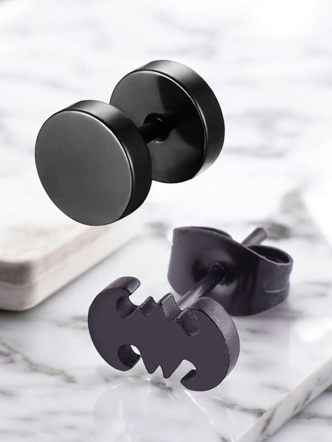 fabula Set Of 2 DumbBell & Bat Animal Stainless Steel Studded Earrings