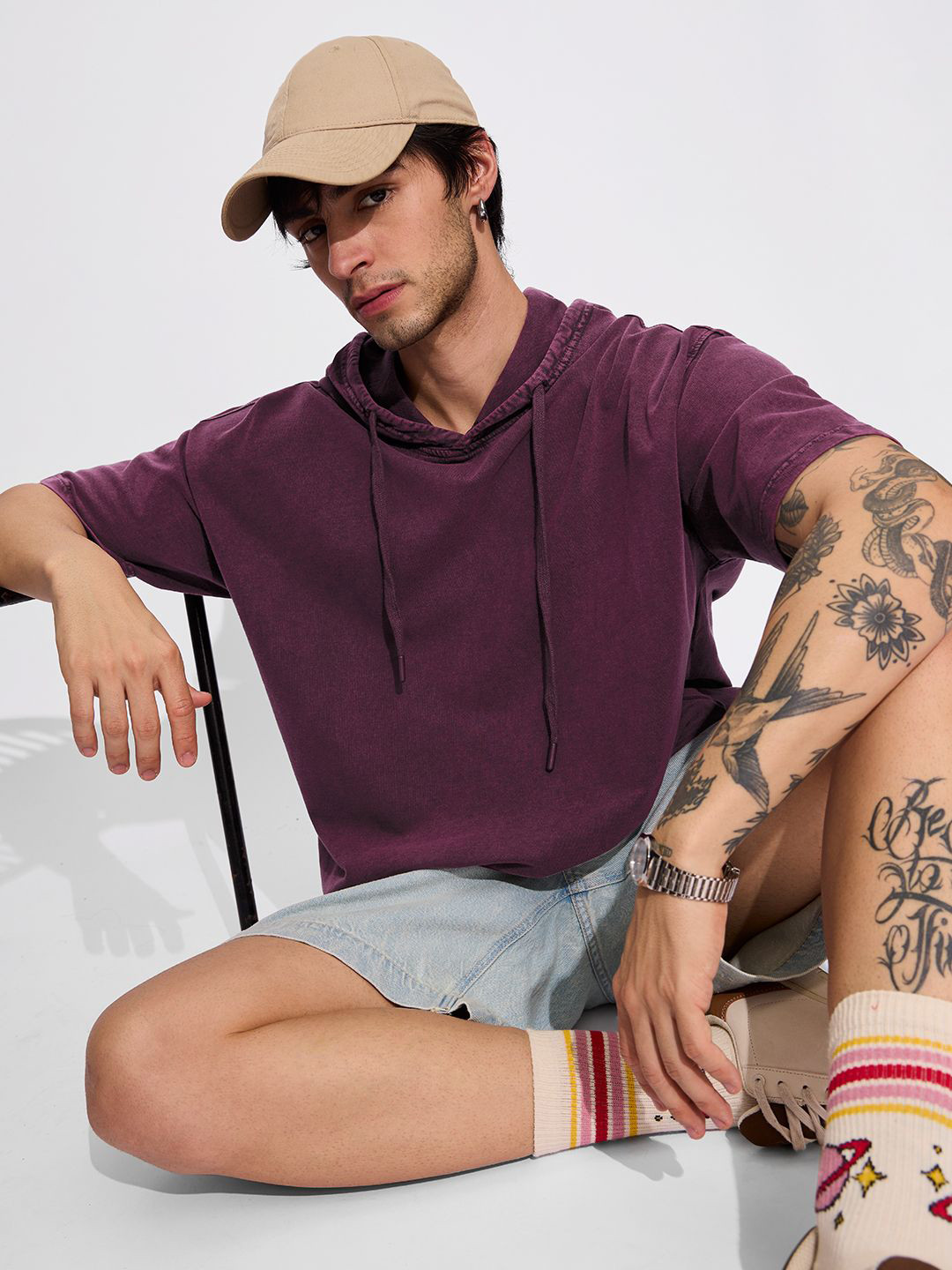 The Souled Store Men Solid Hood Cotton Oversized T-Shirt