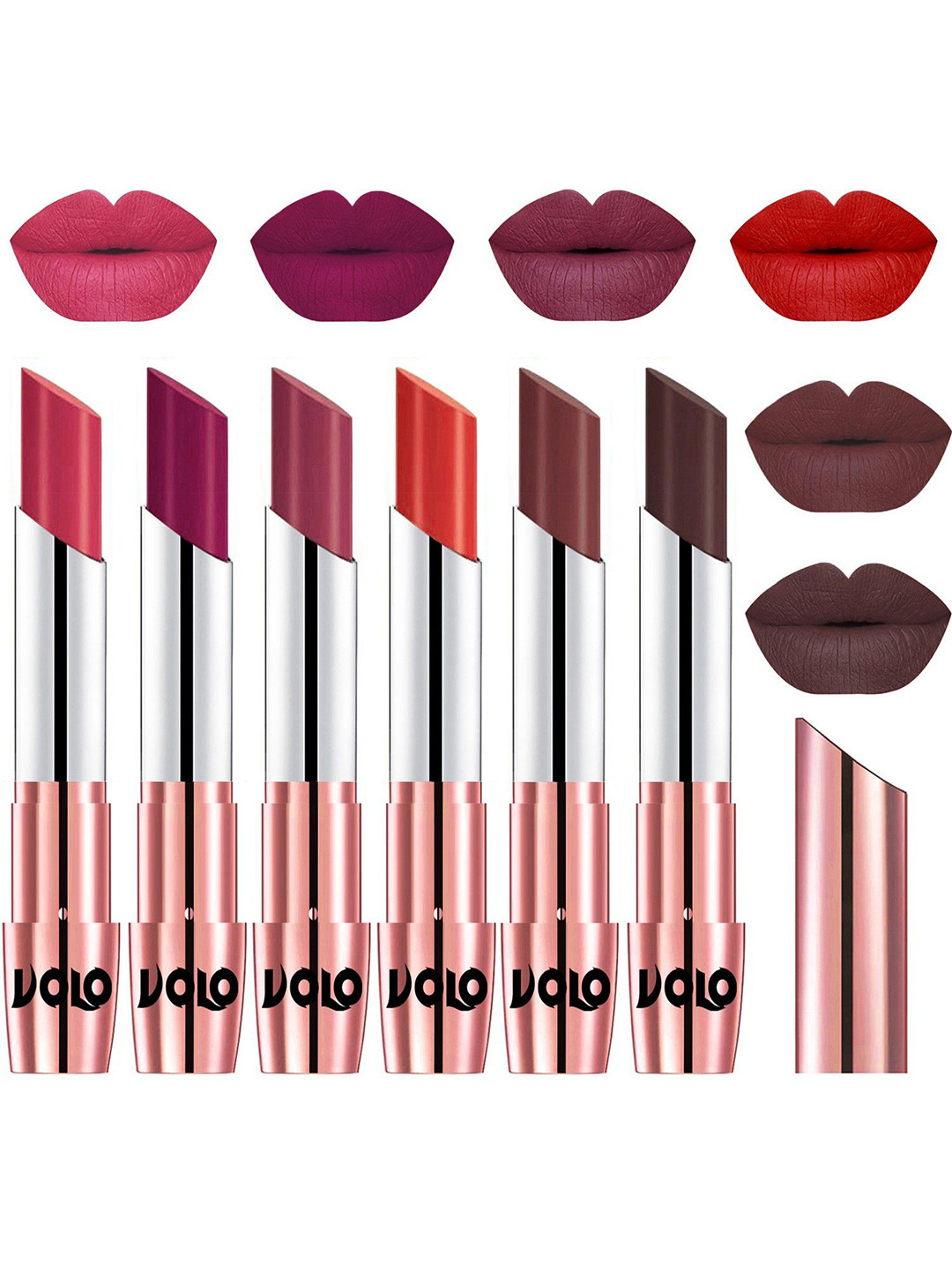 VOLO Set Of 6 Creme Matte Lipstick 3.5 g Each -Pink-Magenta-Cherry-Orange-Coffee-Chocolate