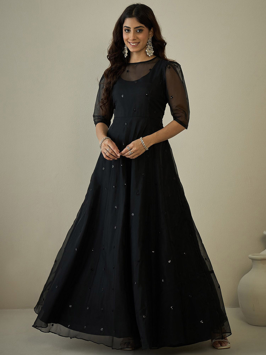 Inddus Women Sequinned Embroidered Fit and Flare Ethnic Dress