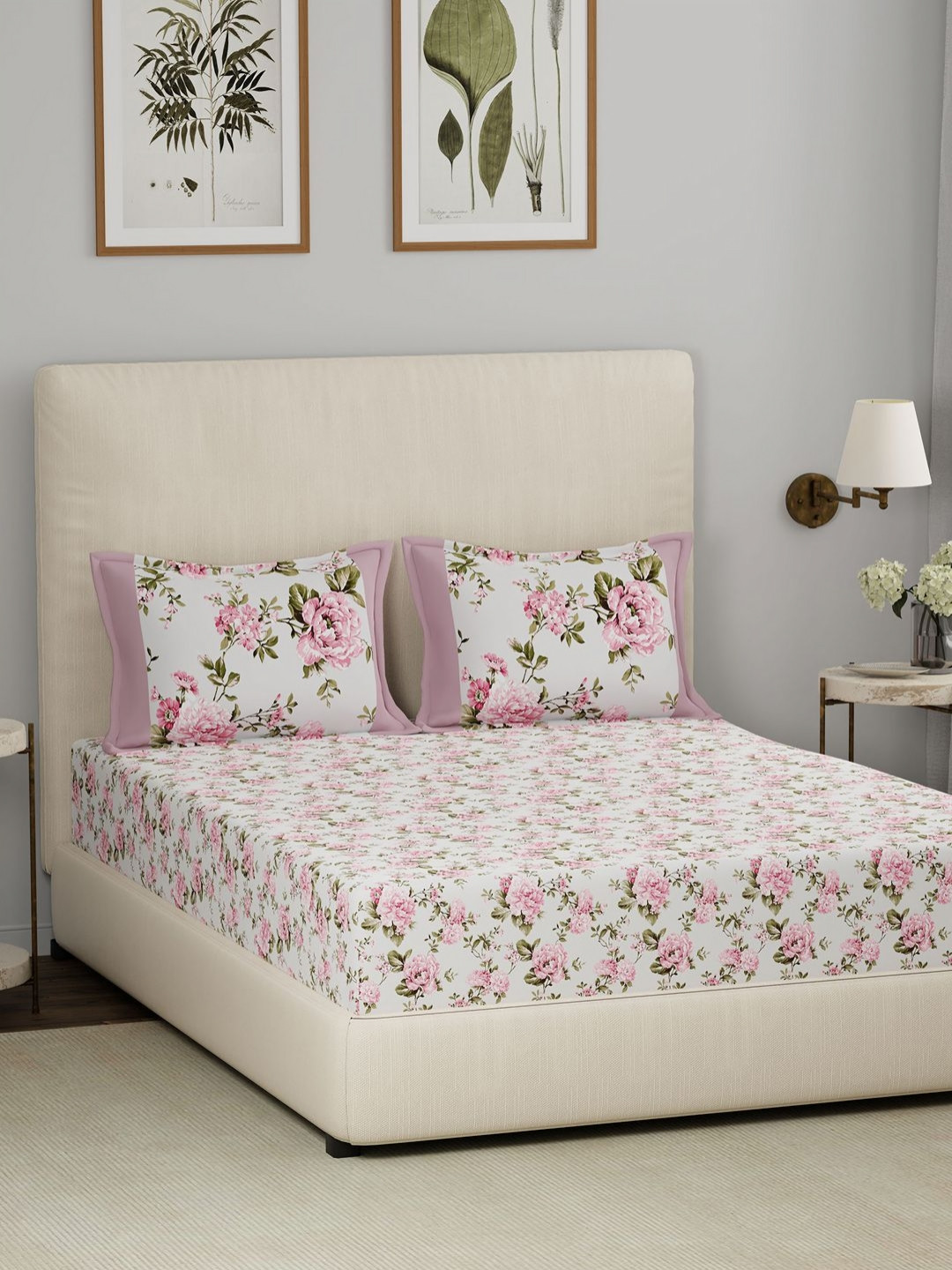 MASPAR Eclectic Garden White Floral Pure Cotton 210 TC King Bedsheet with 2 Pillow Covers-108 x 108 inches