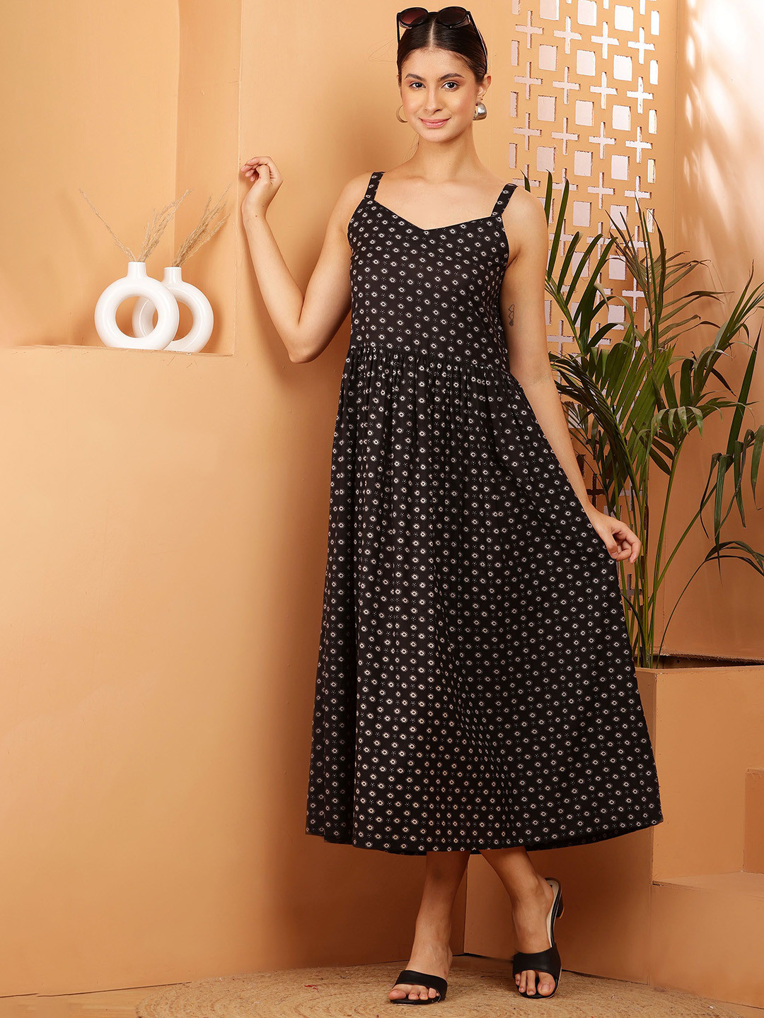 KALINI New Women Printed Shoulder Straps Fit & Flare Midi Dress