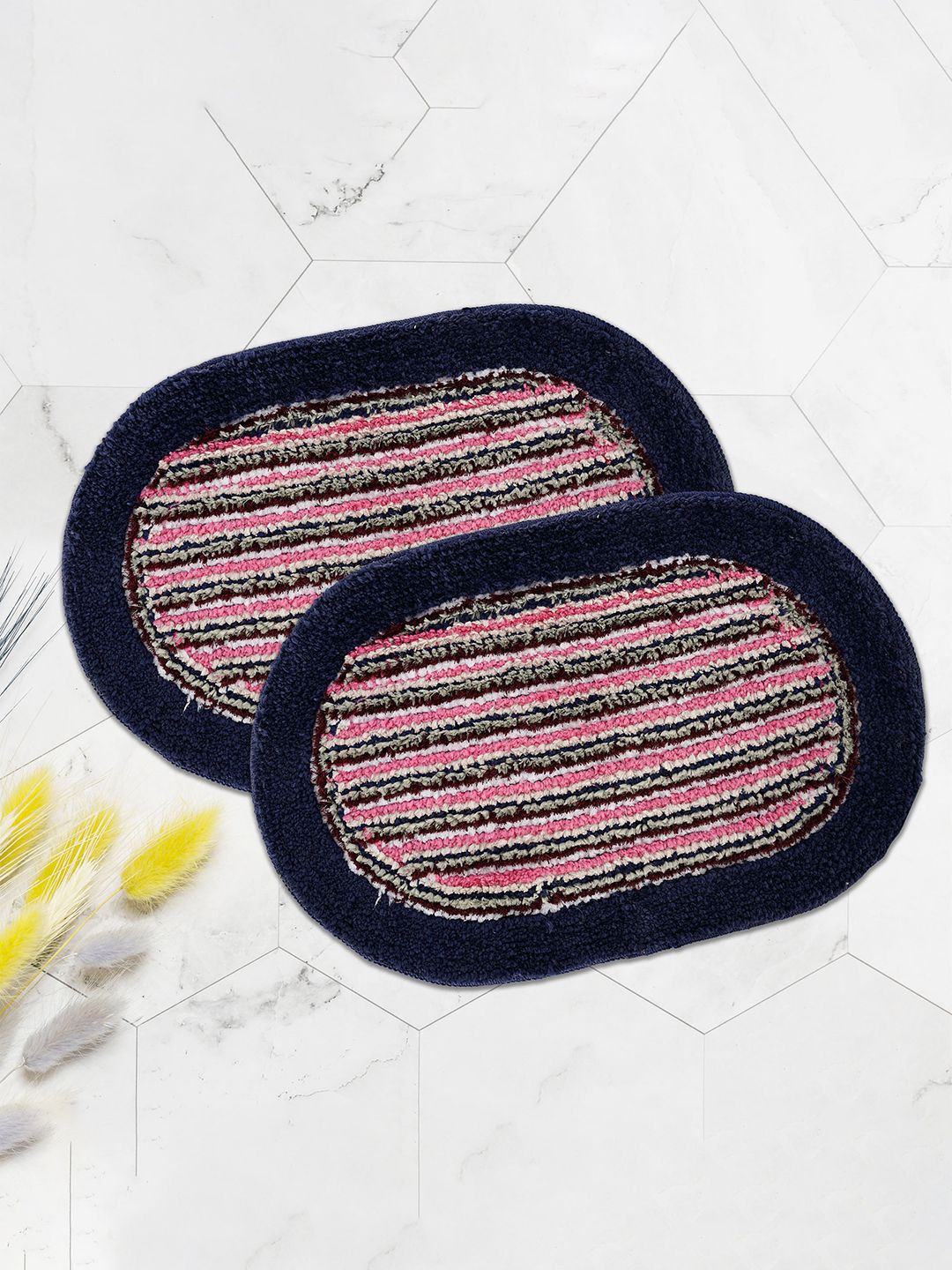 Kuber Industries Blue & Pink 2 Pieces Striped Water Absorbing Anti-Slip Bathroom Mats