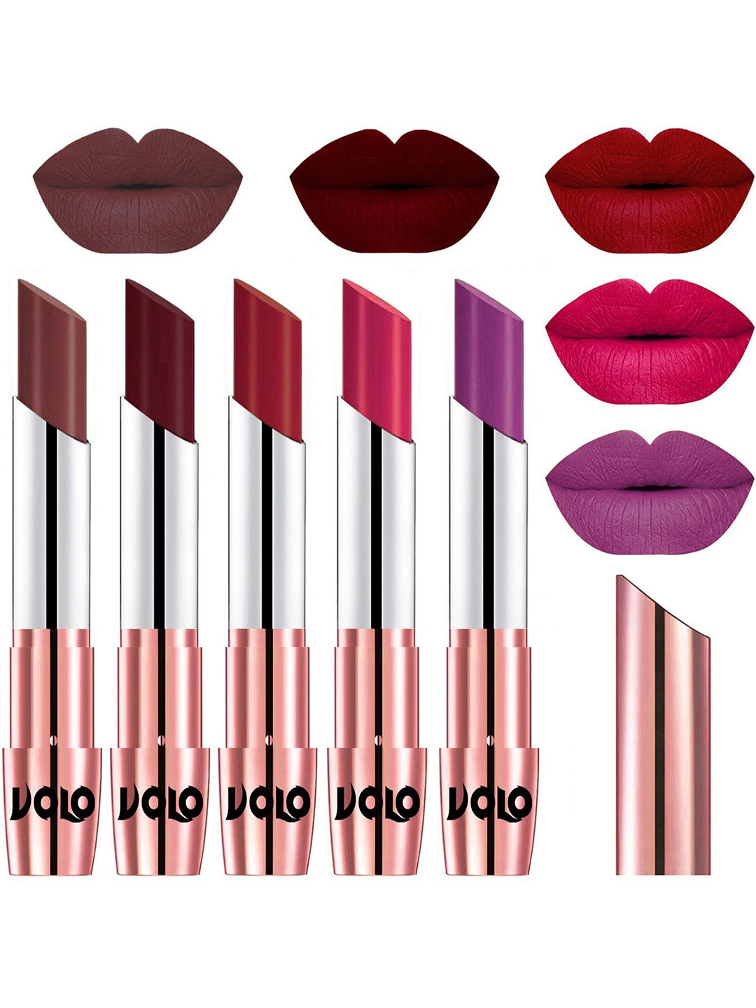 VOLO Set Of 5 Creme Matte Lipstick - Coffee34-Maroon42-Red43-Passion Pink44- Purple48