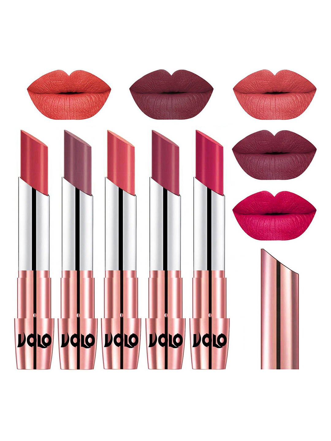VOLO Set Of 5 Creme Matte Lipstick 3.5g Each -Peach-Plum-Dark Peach-Rose Pink-Passion Pink
