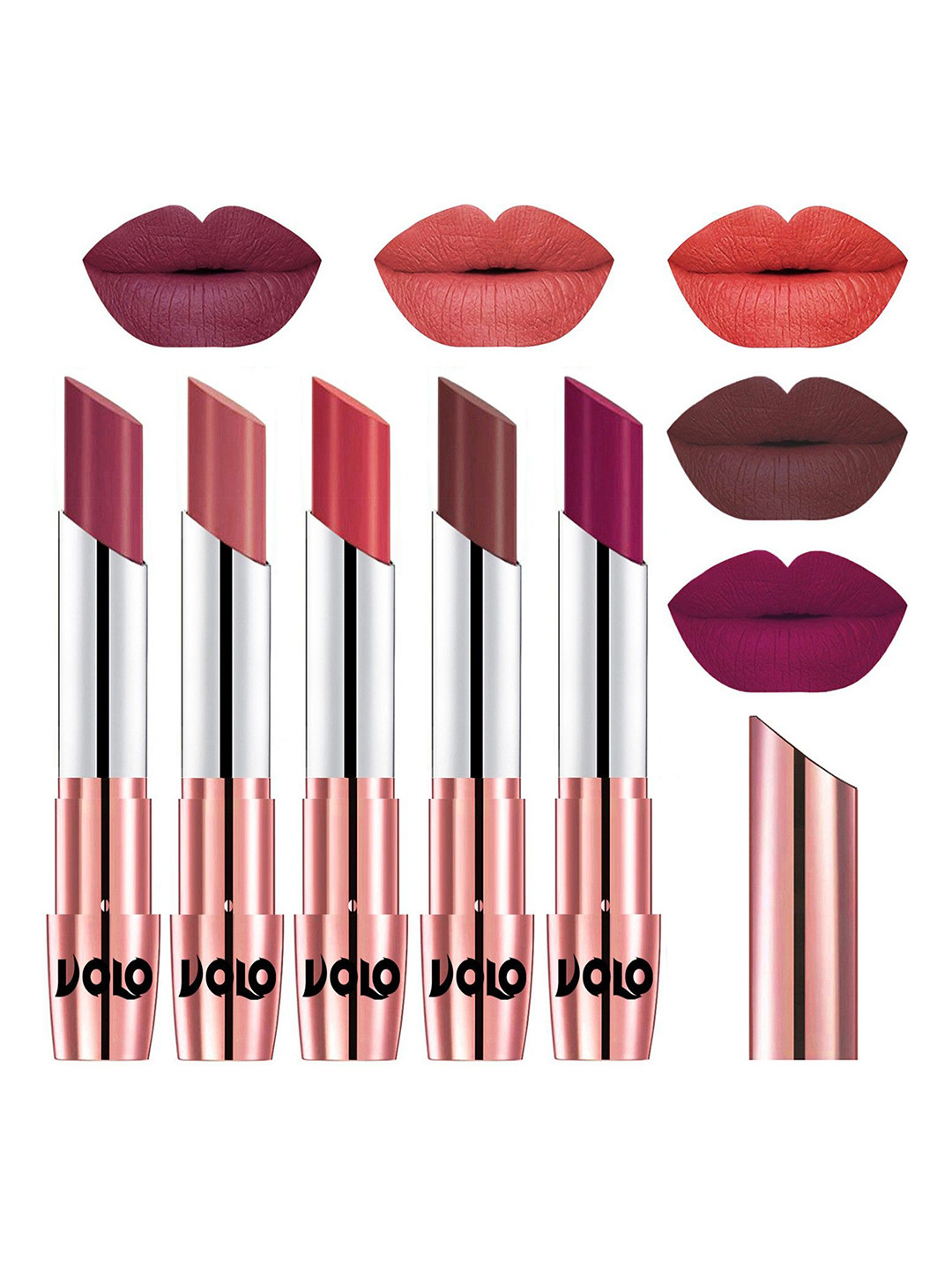 VOLO Set Of 5 Creme Matte Lipsticks-Cherry 31-Light Peach 32-Peach 33-Coffee 34-Magenta 45