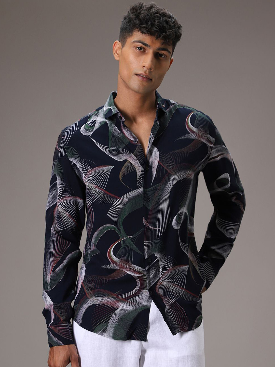 Banana Club Swirl Feather Abstract Viscose Rayon Long Sleeves Shirt