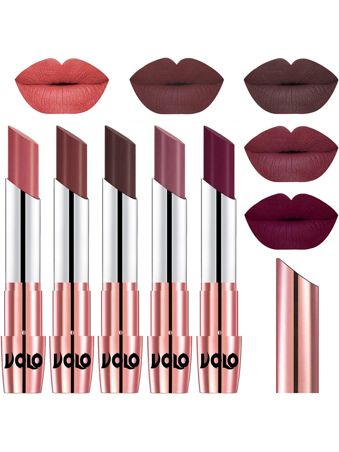 VOLO Set Of 5 Creme Matte Lipstick-3.5g Each-Light Peach- Coffee- Chocolate- Plum- Wine