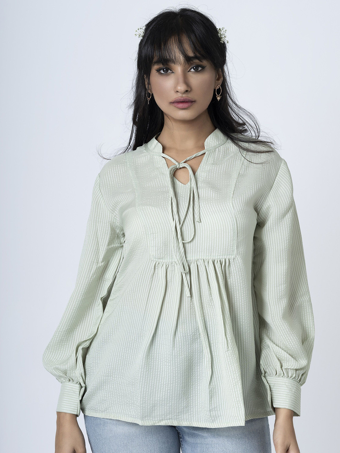 BOONS n PERKKS Women Vertical Striped Tie-Up Neck Top