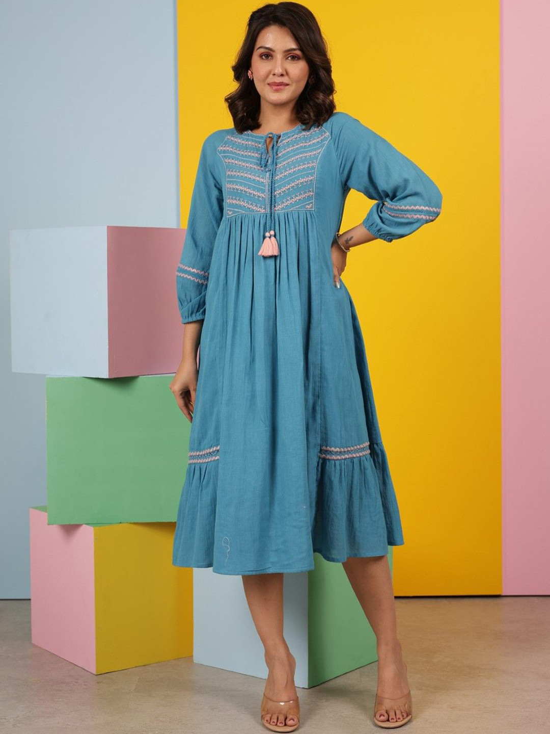 AUTUMN LANE Women Avanti Embroidered Cotton A-Line Midi Ethnic Dress