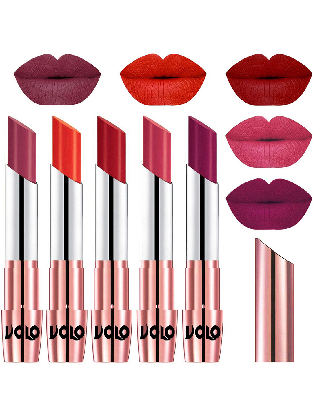 VOLO Set Of 5 Creme Matte Lipstick-Rose Pink 38-Coral 39-Tomato Red 40-Pink 41-Magenta 45