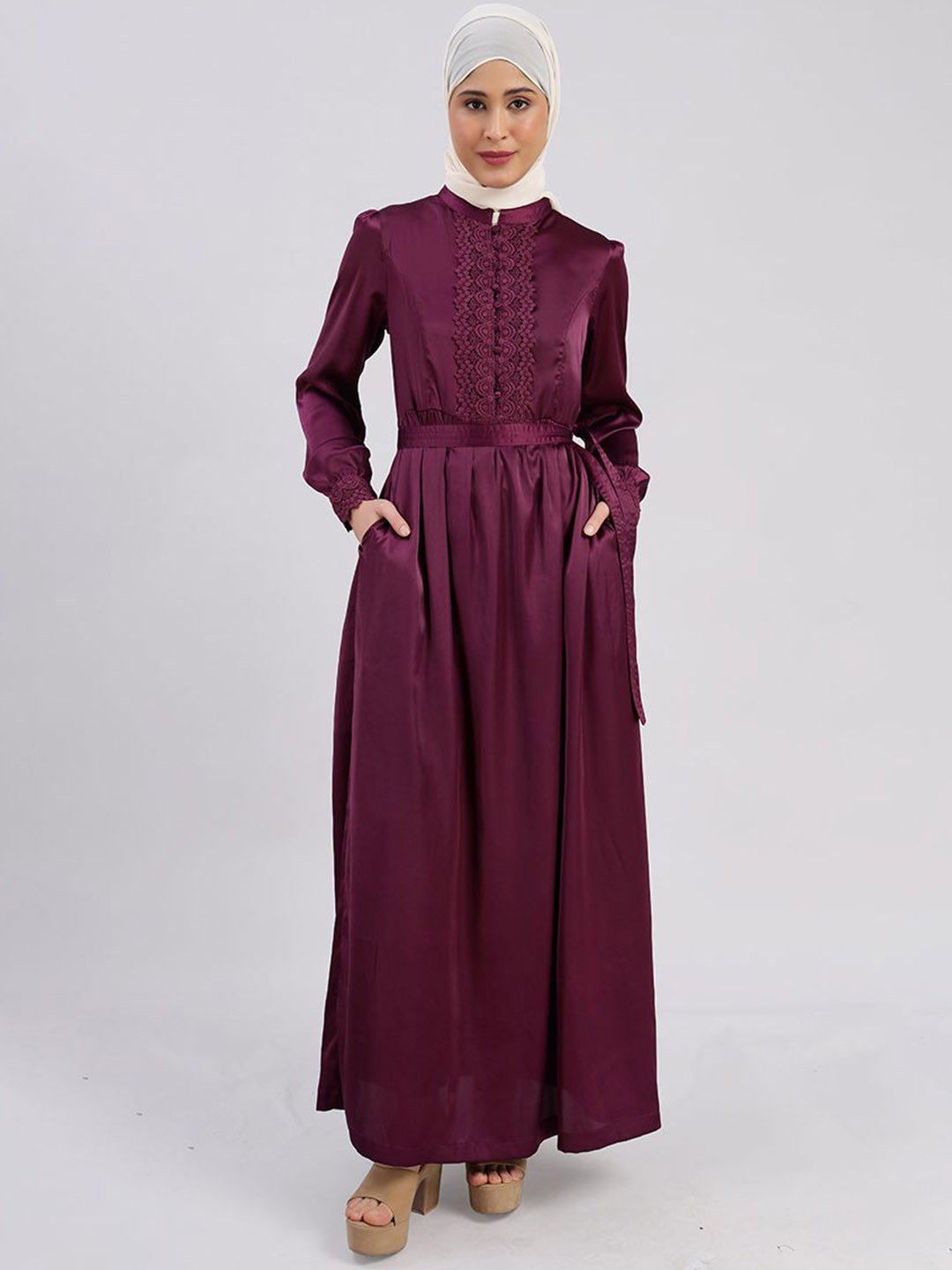 IDH London Solid Laced Abaya Burqa With Scarf