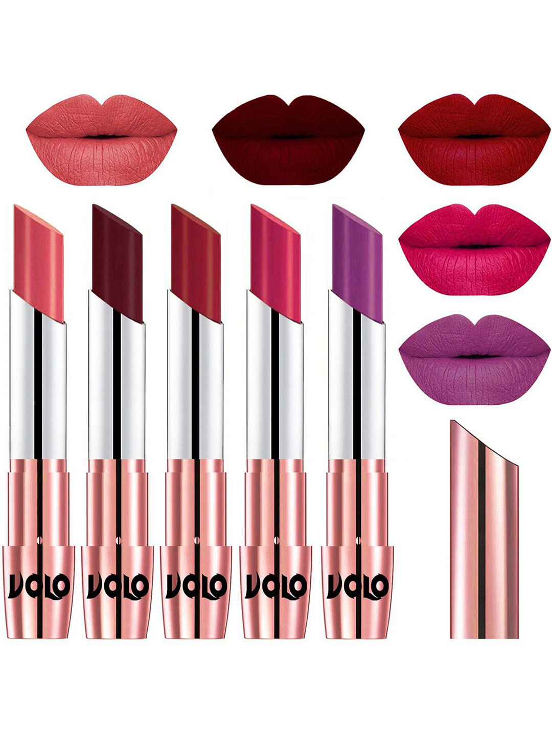 VOLO 5Pcs Creme Matte Lipstick-Dark Peach 37-Maroon 42-Red 43-Passion Pink 44- Purple 48