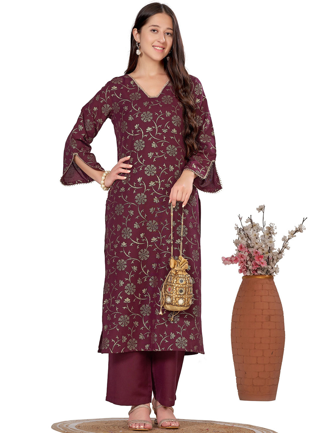 FAB GALAXY Floral Printed V-Neck Gotta Patti Straight Kurta With Trousers