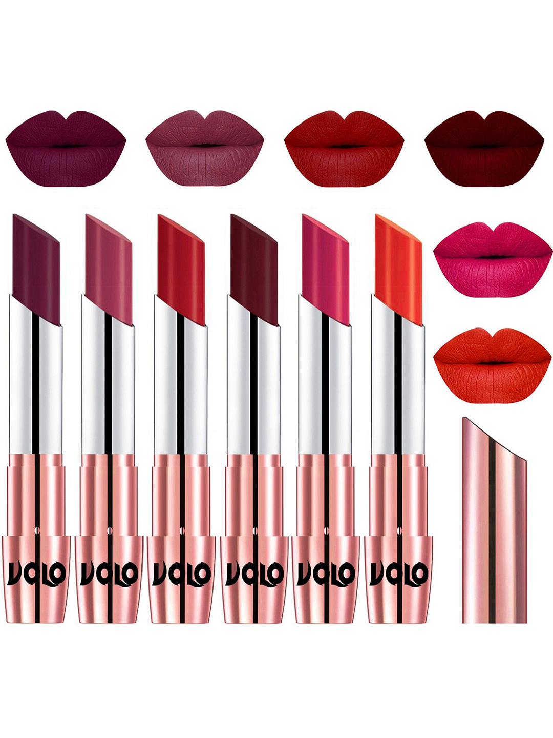 VOLO Set Of 6 Creme Matte Lipstick-Wine- Rose Pink- Tomato Red- Maroon-Passion Pink- Coral