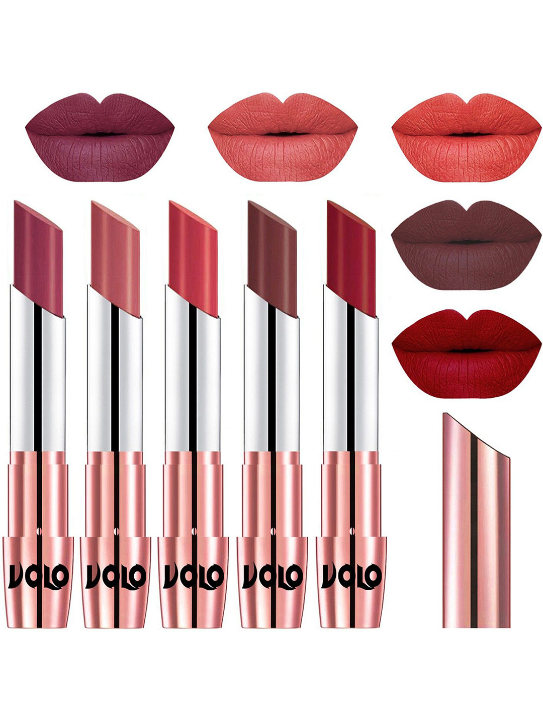 VOLO Set Of 5 Creme Matte Lipstick - 3.5 g Each -Cherry-Light Peach-Peach-Coffee-Red