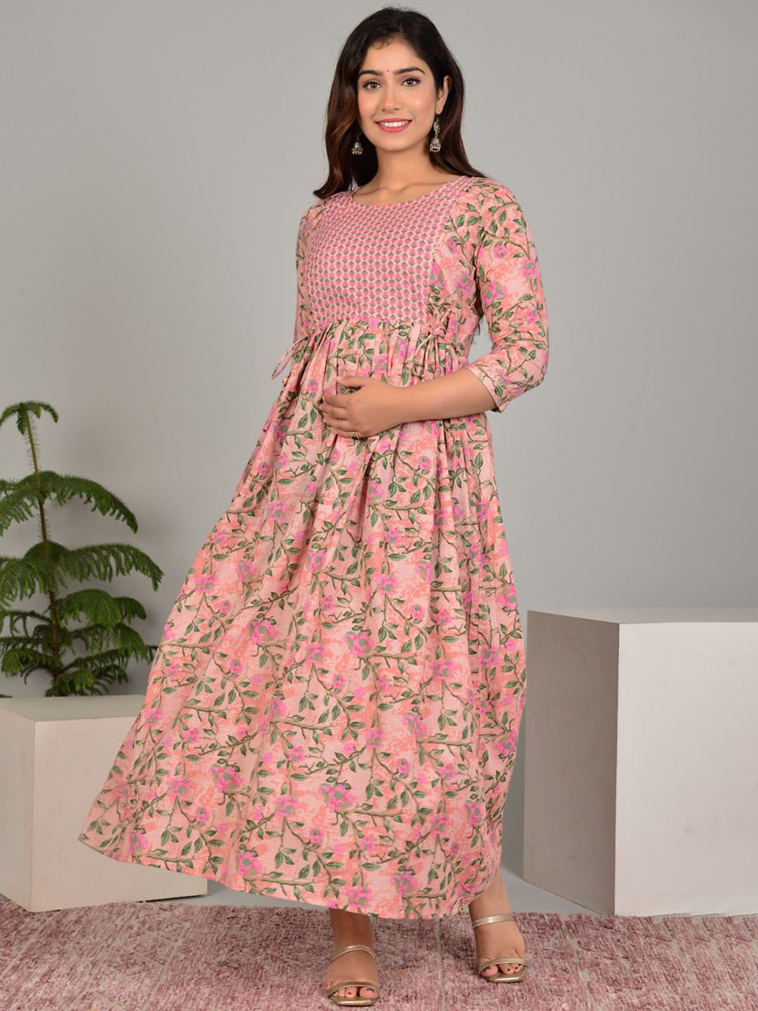 NITVAN Floral Printed Pleated Cotton A-Line Maternity Kurta