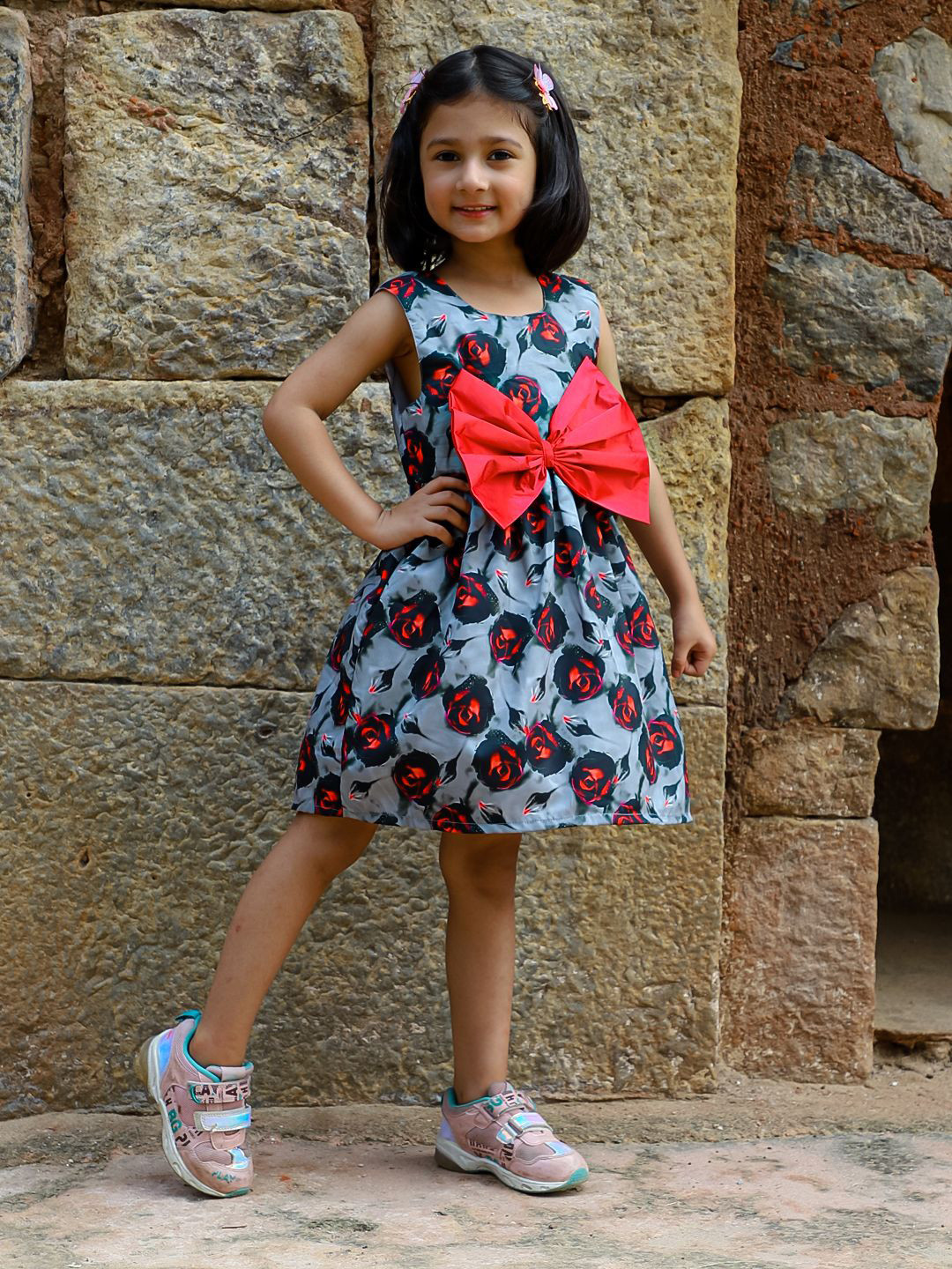 Stuffie Land Girls Floral Printed Fit & Flare Dress with Bow
