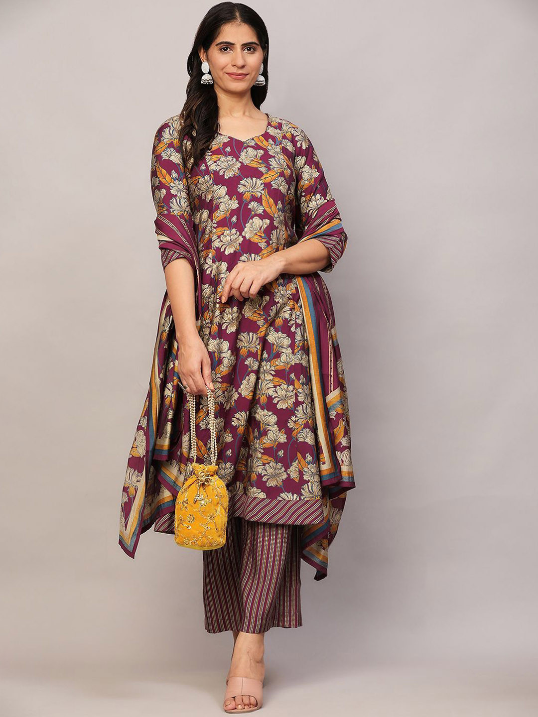 Poshak Hub Floral Printed Sweetheart Neck A-Line Kurta With Palazzos & Dupatta