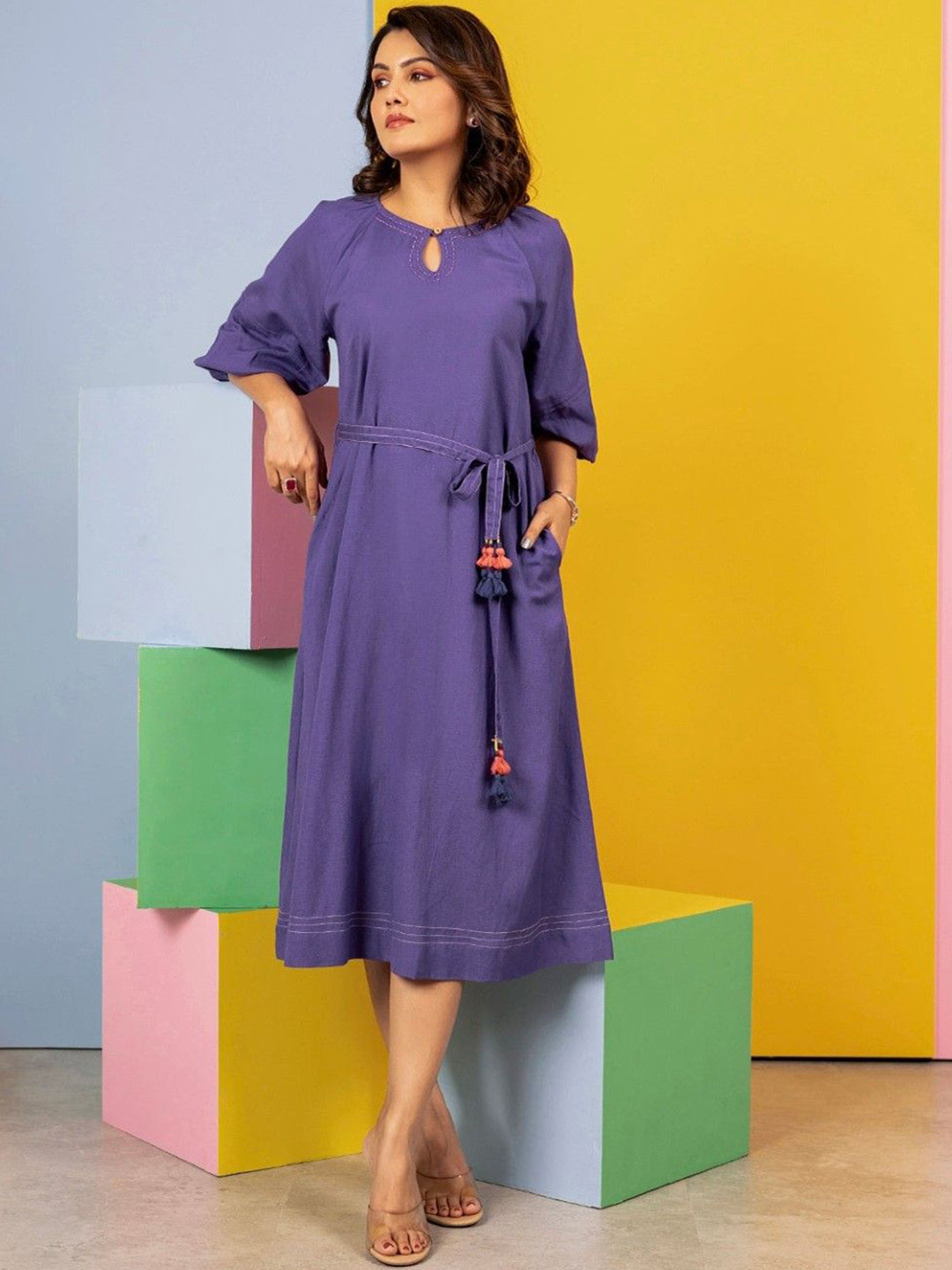 AUTUMN LANE Women Solid Avanti Cotton A-Line Midi Ethnic Dresses